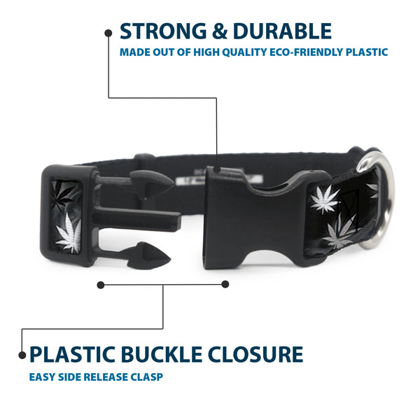 Buckle Down Buckle-Down Plastic Buckle Dog Collar - Pot Leaves/Smoke Black/Gray/White