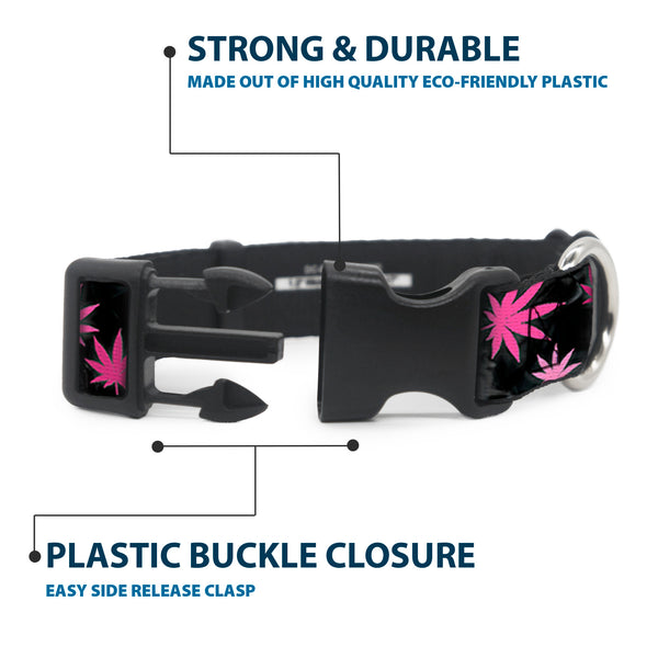 Buckle Down Buckle-Down Plastic Buckle Dog Collar - Pot Leaves/Smoke Black/Pink/White