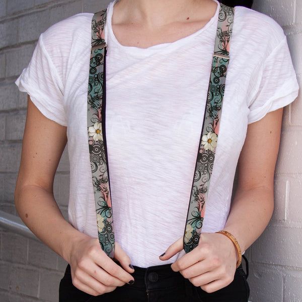 Buckle Down Suspenders - 1.0" - Flowers W/Filigree Pink