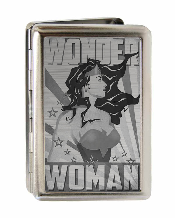 buckle down Business Card Holder - LARGE - WONDER WOMAN Pose Stars & Rays Brushed Silver