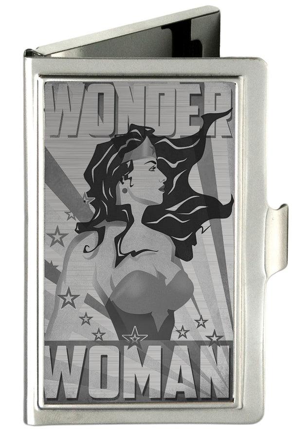 buckle down Business Card Holder - SMALL - WONDER WOMAN Pose Stars & Rays Brushed Silver
