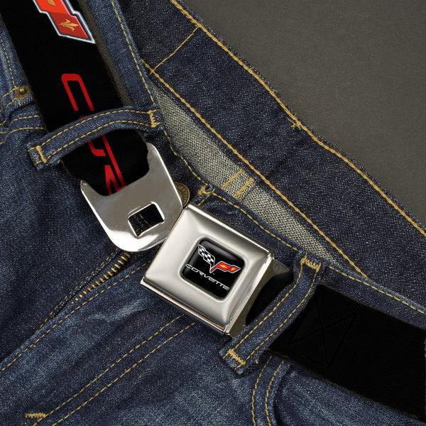 Buckle Down C6 Full Color Seatbelt Belt - C6 Logo/CORVETTE Black/Red Webbing