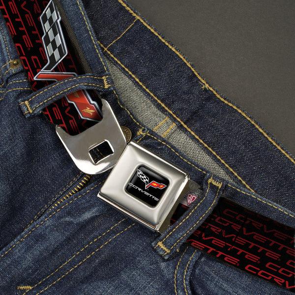 Buckle Down C6 Full Color Seatbelt Belt - C6 Logo/CORVETTE Repeat Black/Red Ombre Webbing