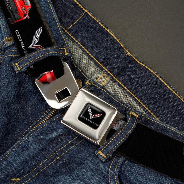 Buckle Down C7 Full Color Black Seatbelt Belt - C7 Logo/Red C7 Side/Front/Rear Views Black Webbing