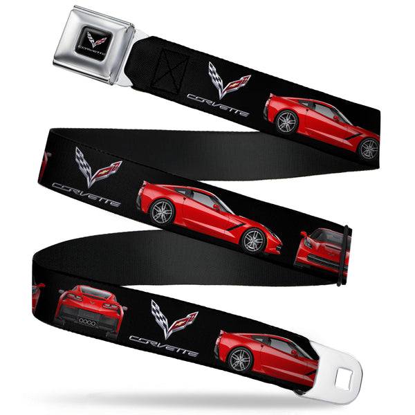 buckle down C7 Full Color Black Seatbelt Belt - C7 Logo/Red C7 Side/Front/Rear Views Black Webbing