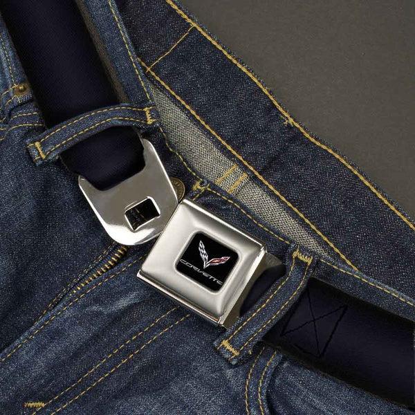 Buckle Down C7 Full Color Black Seatbelt Belt - C7 STINGRAY Logo Black/Silver Webbing