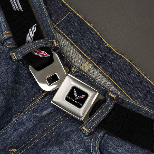 Buckle Down C7 Full Color Black Seatbelt Belt - CORVETTE/C7 Logo Black/Silver/Red Webbing