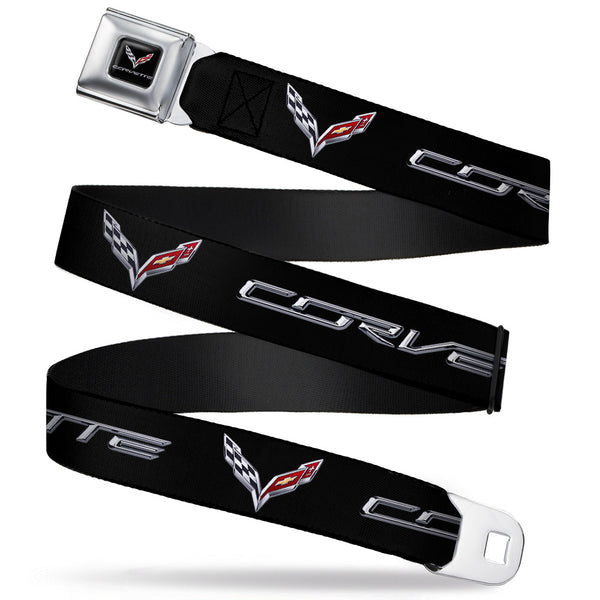 buckle down C7 Full Color Black Seatbelt Belt - CORVETTE/C7 Logo Black/Silver/Red Webbing