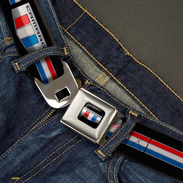 Buckle Down CAMARO Six Badge Full Color Black Silver Red White Blue Seatbelt Belt - CAMARO Six Badge/Stripe Black/Silver/Red/White/Blue Webbing