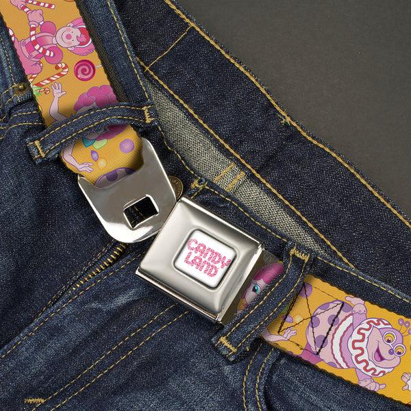 Buckle Down CANDY LAND Game Logo White/Pink Seatbelt Belt - Candy Land Characters And Candy Collage Yellow Webbing