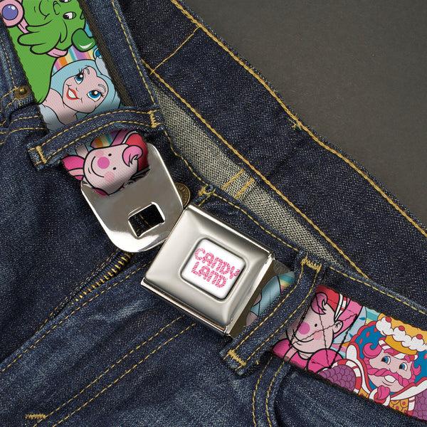 Buckle Down CANDY LAND Game Logo White/Pink Seatbelt Belt - Candy Land Character Lineup Stripe Multi Color Webbing