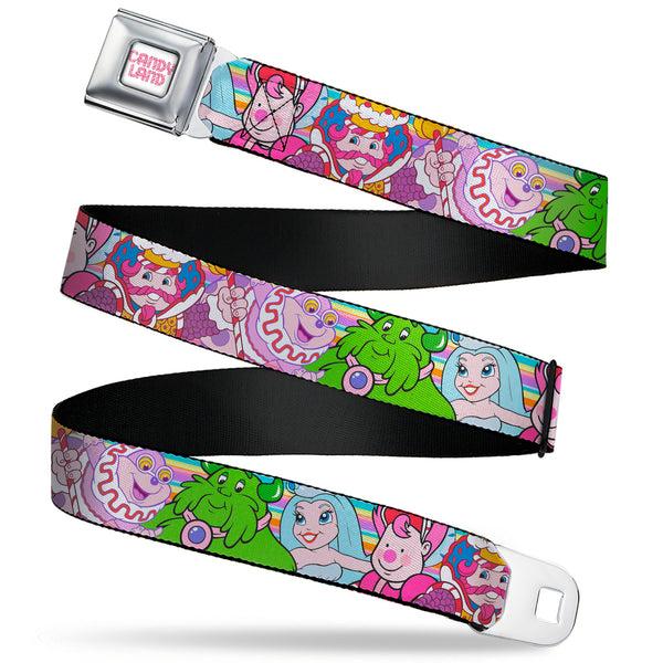 buckle down CANDY LAND Game Logo White/Pink Seatbelt Belt - Candy Land Character Lineup Stripe Multi Color Webbing