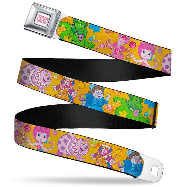 buckle down CANDY LAND Game Logo White/Pink Seatbelt Belt - Candy Land Characters and Candy Collage Yellow Webbing