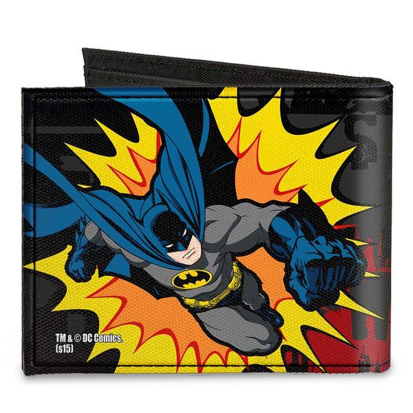 Buckle Down Canvas Bi-Fold Wallet - Batman Action Poses WHOOM Gray Black Red