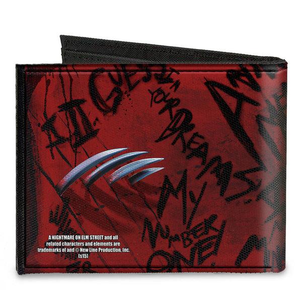 Buckle Down Canvas Bi-Fold Wallet - Freddy Pose2 + Hand Scratching Quote Scrawls Reds Black