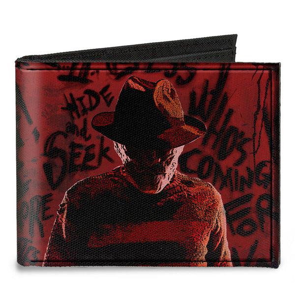 buckle down Canvas Bi-Fold Wallet - Freddy Pose2 + Hand Scratching Quote Scrawls Reds Black