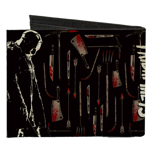 Buckle Down Canvas Bi-Fold Wallet - FRIDAY THE 13TH Jason Machete Pose Bloody Tools Black Grays Reds