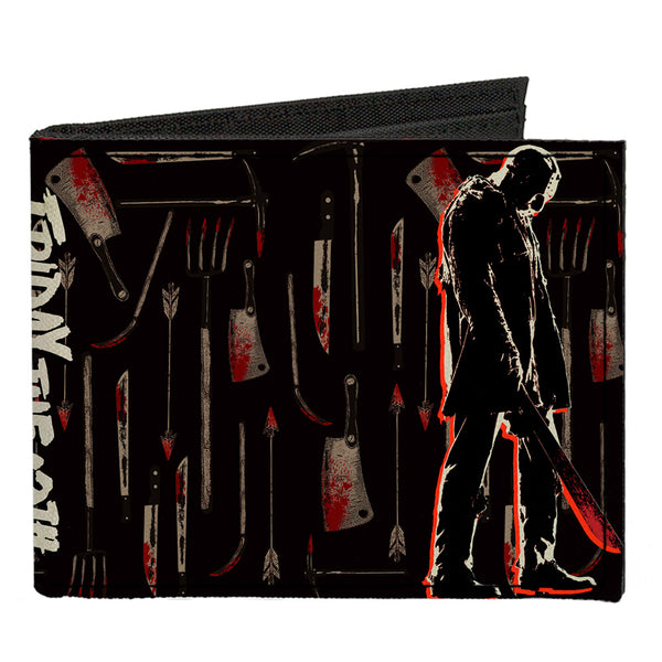 buckle down Canvas Bi-Fold Wallet - FRIDAY THE 13TH Jason Machete Pose Bloody Tools Black Grays Reds