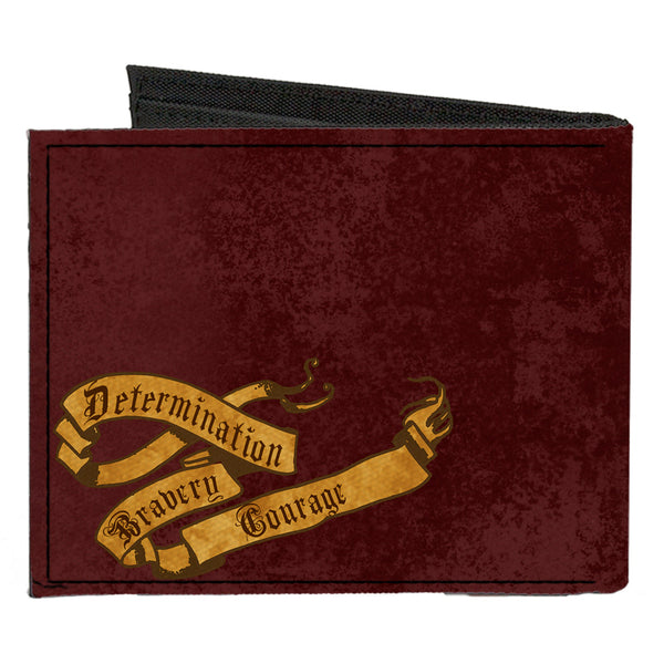 Buckle Down Canvas Bi-Fold Wallet - GRYFFINDOR Lion Crest + DETERMINATION BRAVERY COURAGE Banner Burgundy Reds Golds