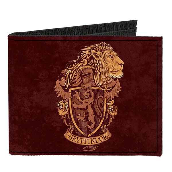 buckle down Canvas Bi-Fold Wallet - GRYFFINDOR Lion Crest + DETERMINATION BRAVERY COURAGE Banner Burgundy Reds Golds