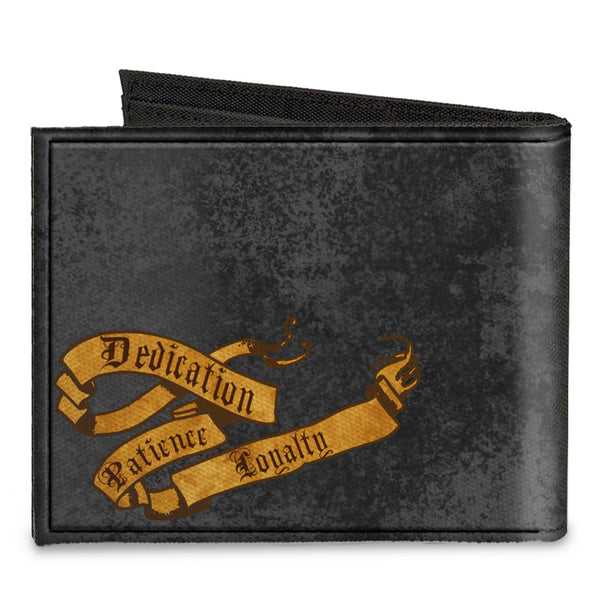 Buckle Down Canvas Bi-Fold Wallet - HUFFLEPUFF Badger Crest + DEDICATION PATIENCE LOYALTY Banner Grays Golds
