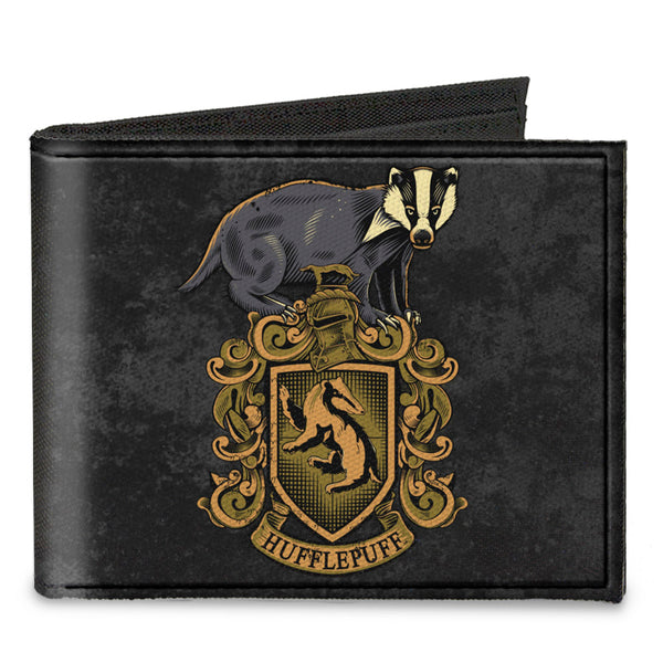 buckle down Canvas Bi-Fold Wallet - HUFFLEPUFF Badger Crest + DEDICATION PATIENCE LOYALTY Banner Grays Golds