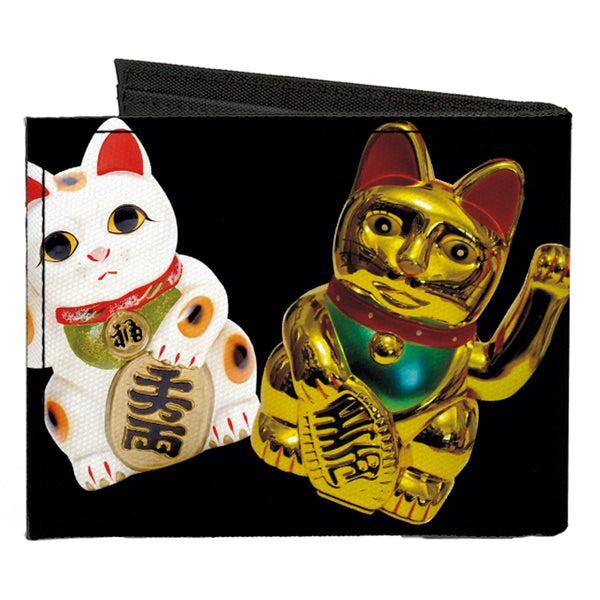 Buckle Down Canvas Bi-Fold Wallet - Maneki Neko Lucky Cats Gold Black White