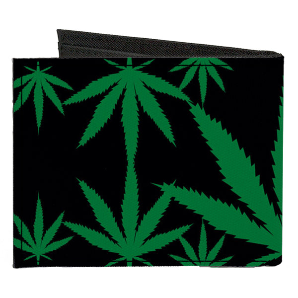 Buckle Down Canvas Bi-Fold Wallet - Marijuana Leaves Scattered Black Green