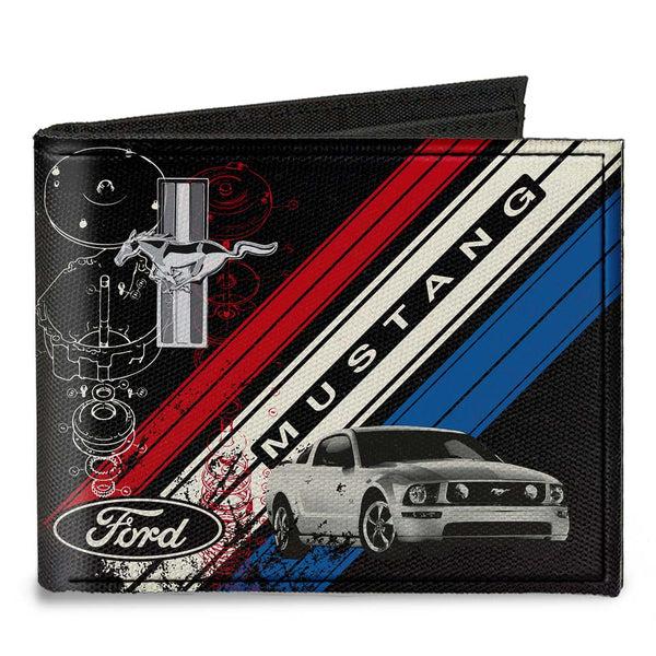 buckle down Canvas Bi-Fold Wallet - Mustang Tri-Bar Logo Diagonal Stripe Blueprint Black Red White Blue