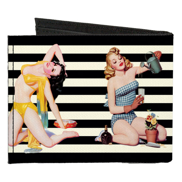 Buckle Down Canvas Bi-Fold Wallet - Pin Up Girl Poses Stripe Black White