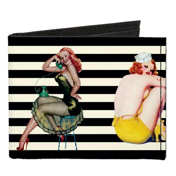 buckle down Canvas Bi-Fold Wallet - Pin Up Girl Poses Stripe Black White