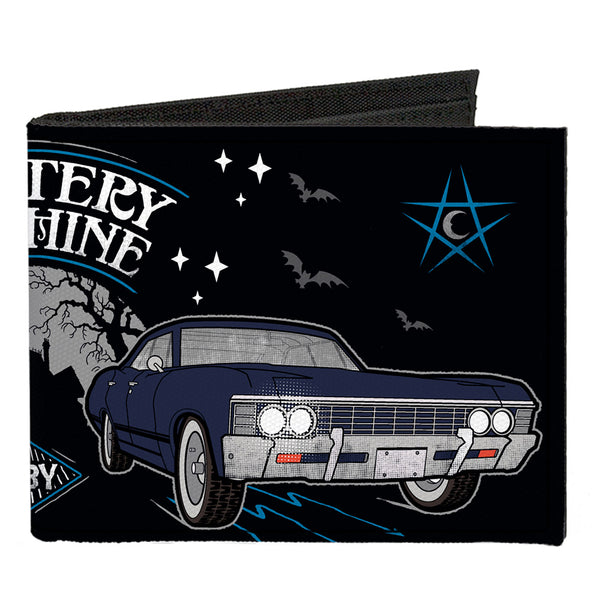 buckle down Canvas Bi-Fold Wallet - SCOOBYNATURAL MYSTERY MACHINE Van & BABY Impala Scene Black White Grays Blues