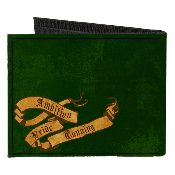 Buckle Down Canvas Bi-Fold Wallet - SLYTHERIN Serpent Crest + AMBITION PRIDE CUNNING Banner Greens Golds