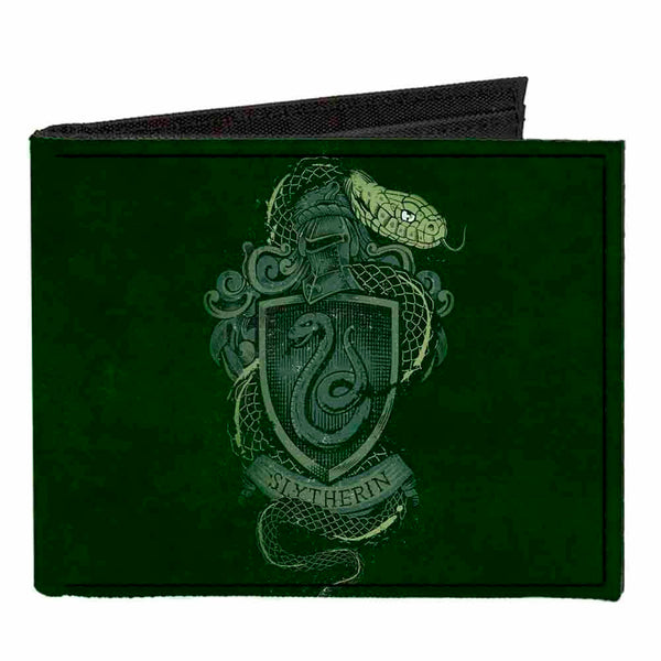 buckle down Canvas Bi-Fold Wallet - SLYTHERIN Serpent Crest + AMBITION PRIDE CUNNING Banner Greens Golds