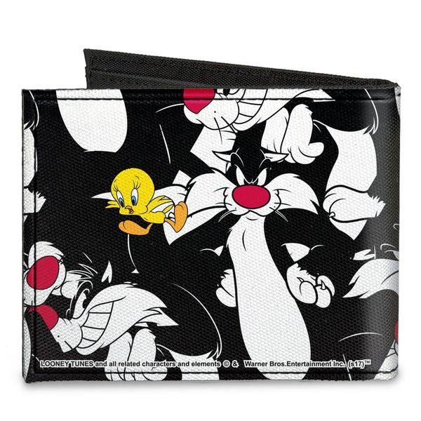 Buckle Down Canvas Bi-Fold Wallet - Sylvester And Tweety Poses Scattered Black