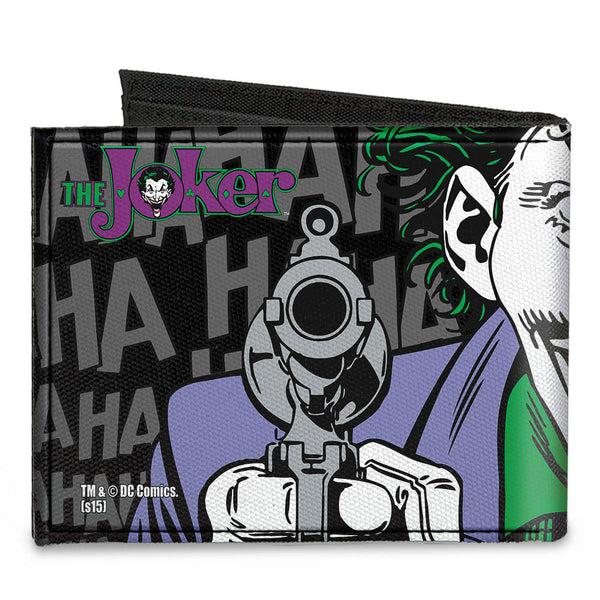 Buckle Down Canvas Bi-Fold Wallet - The JOKER HAHAHAHA CLOSE-UP Pose Black Gray