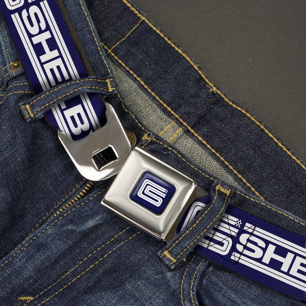 Buckle Down Carroll Shelby CS Racing Logo Full Color Navy/White Seatbelt Belt - Carroll Shelby CS SHELBY Racing Logo Block Navy/White Webbing