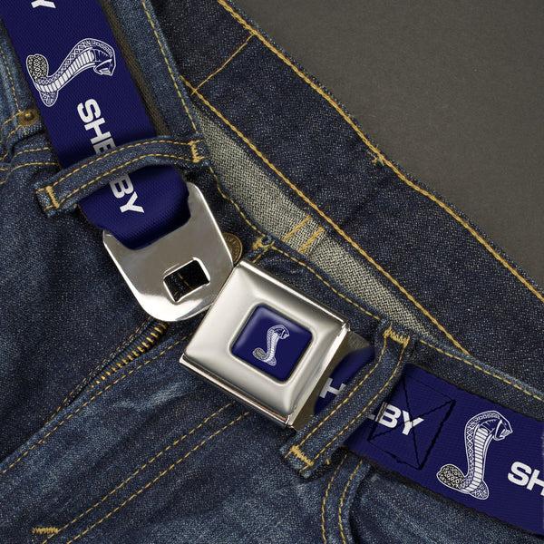 Buckle Down Carroll Shelby Super Snake Cobra Navy/White Seatbelt Belt - SHELBY Super Snake Cobra Navy/White Webbing