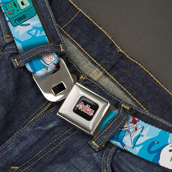 Buckle Down Cartoon Network ADVENTURE TIME Title Logo Full Color Black Seatbelt Belt - Adventure Time BMO Finn Ice King Jake Group Pose Blues Webbing
