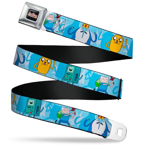 buckle down Cartoon Network ADVENTURE TIME Title Logo Full Color Black Seatbelt Belt - Adventure Time BMO Finn Ice King Jake Group Pose Blues Webbing