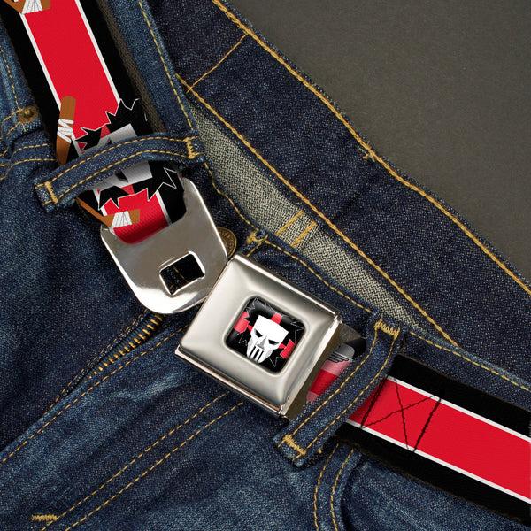 Buckle Down Casey Jones Head/Stripe Full Color Black/Red/White Seatbelt Belt - Casey Jones Baseball & Hockey Stick CLOSE-UP Stripe Black/White/Red Webbing