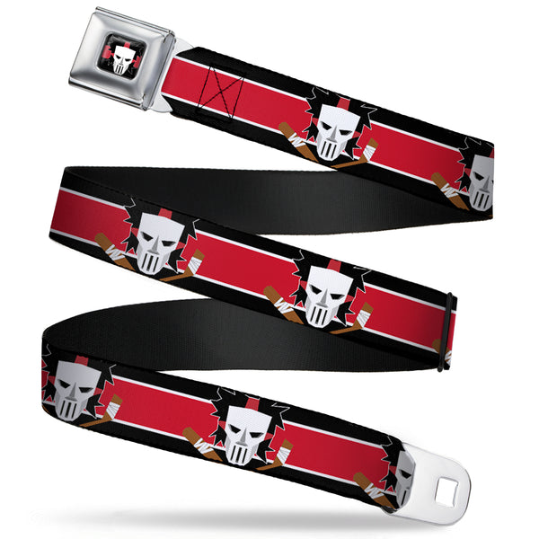 Buckle Down Casey Jones Head/Stripe Full Color Black/Red/White Seatbelt Belt - Casey Jones Baseball & Hockey Stick CLOSE-UP Stripe Black/White/Red Webbing