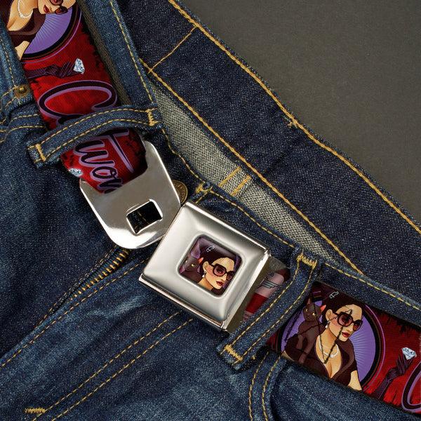 Buckle Down CATWOMAN Bombshell Face CLOSE-UP Full Color Red Seatbelt Belt - CATWOMAN Bombshell Pose/Diamonds Red/Purple/Black Webbing