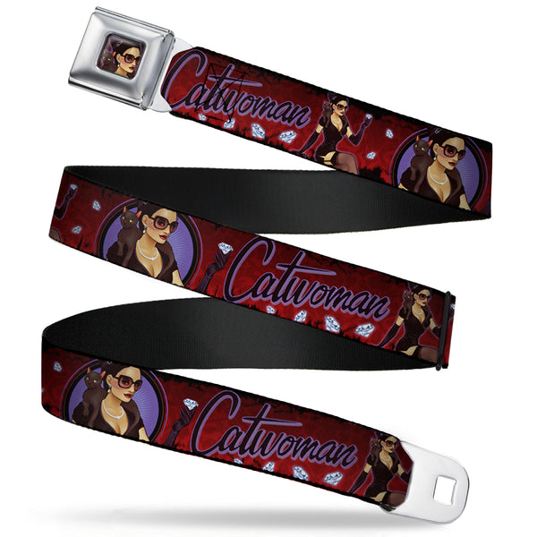 buckle down CATWOMAN Bombshell Face CLOSE-UP Full Color Red Seatbelt Belt - CATWOMAN Bombshell Pose/Diamonds Red/Purple/Black Webbing