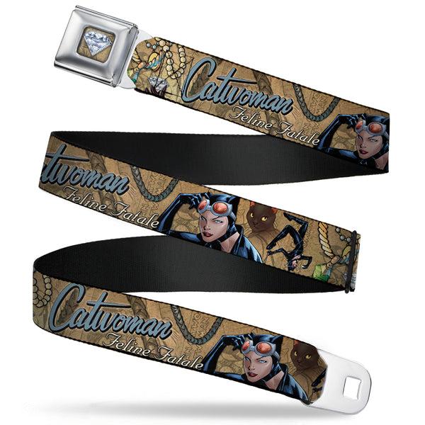 buckle down Catwoman Diamond Full Color Tans Seatbelt Belt - CATWOMAN-NINE LIVES OF A FELINE FATALE Pose2/Jewelry/Black Cat Tans Webbing