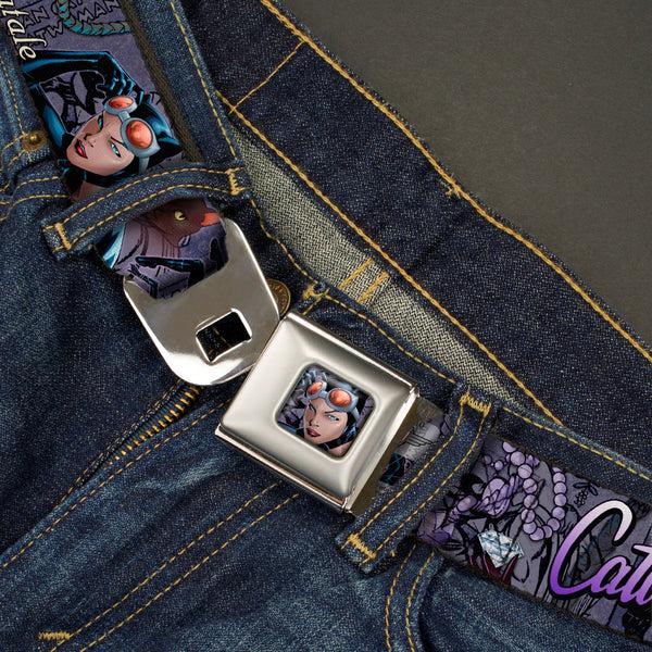 Buckle Down Catwoman Face Full Color Purple Seatbelt Belt - CATWOMAN-NINE LIVES OF A FELINE FATALE Pose2/Jewelry/Black Cat Purples Webbing