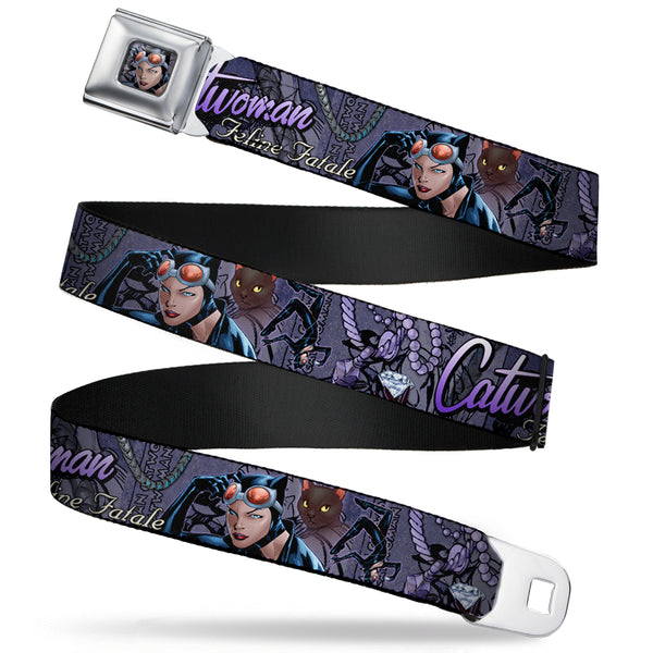 buckle down Catwoman Face Full Color Purple Seatbelt Belt - CATWOMAN-NINE LIVES OF A FELINE FATALE Pose2/Jewelry/Black Cat Purples Webbing