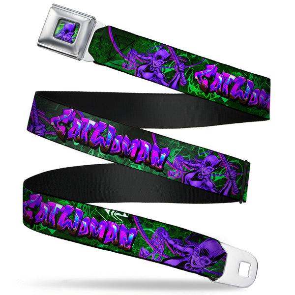 buckle down Catwoman Whip Pose Face CLOSE-UP Full Color Black Greens Purples Seatbelt Belt - CATWOMAN Whip Pose/Graffiti Black/Greens/Purples Webbing