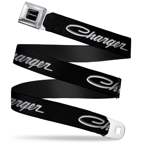 buckle down CHARGER Script Emblem Corner Full Color Black Silver Fade White Seatbelt Belt - CHARGER Script Emblem Corner Black/Silver Fade/White Webbing