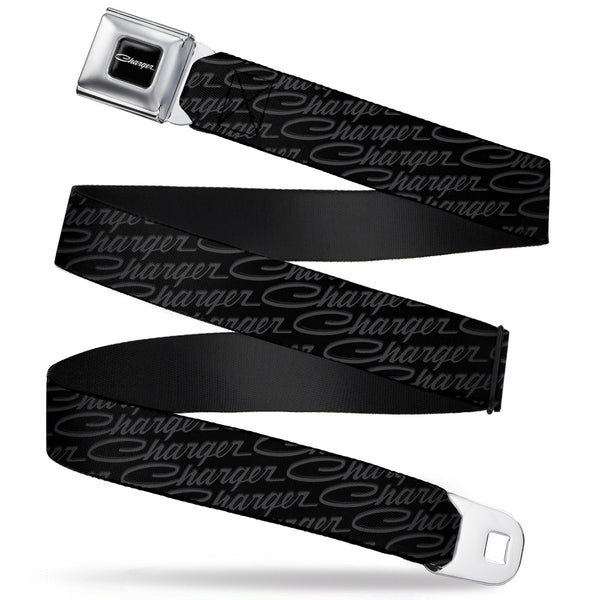 buckle down CHARGER Script Emblem Corner Full Color Black Silver Fade White Seatbelt Belt - CHARGER Script Emblem Repeat Black/Grays Webbing